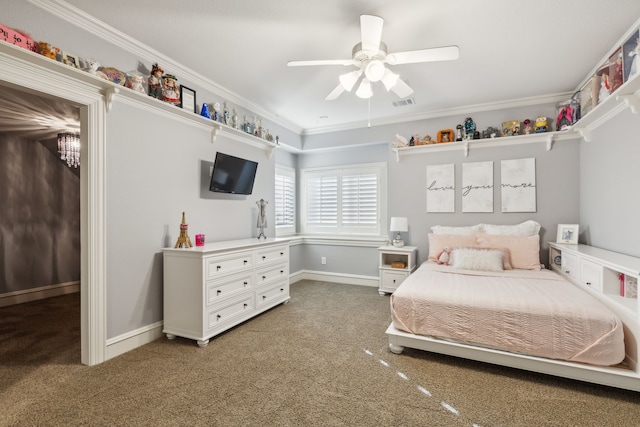 bedroom with carpet floors, ceiling fan, and ornamental molding