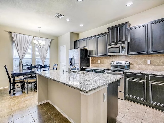 kitchen featuring stainless steel appliances, hanging light fixtures, an island with sink, and backsplash