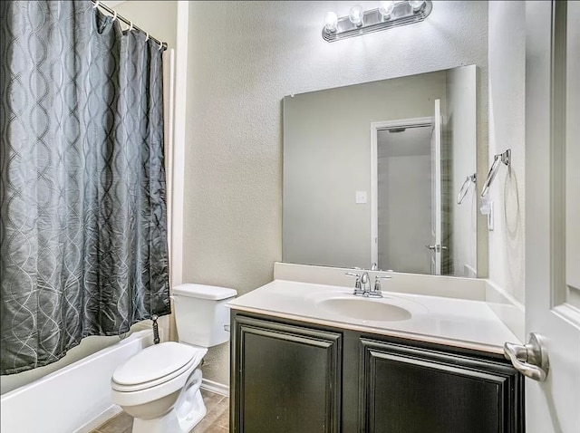 full bathroom featuring toilet, shower / bath combo, and vanity