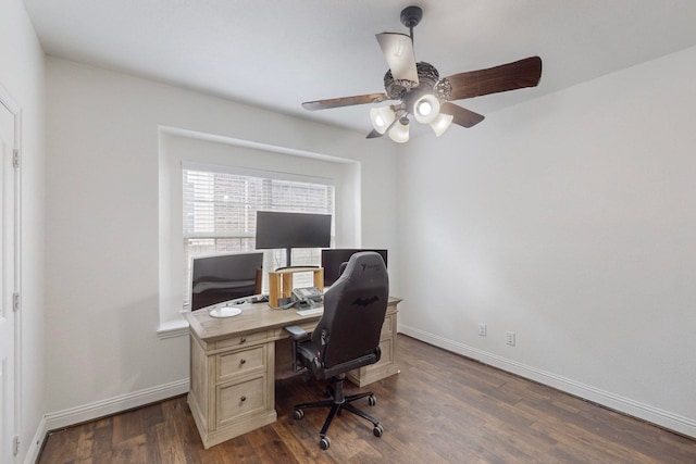 office area featuring ceiling fan and dark hardwood / wood-style flooring