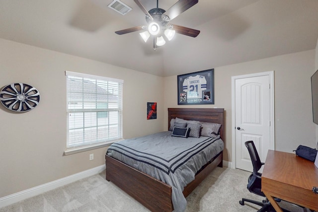 bedroom featuring ceiling fan and light colored carpet