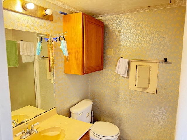 bathroom with toilet, vanity, and tiled shower