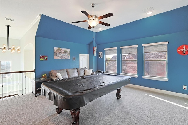 game room featuring vaulted ceiling, carpet floors, ceiling fan with notable chandelier, and pool table