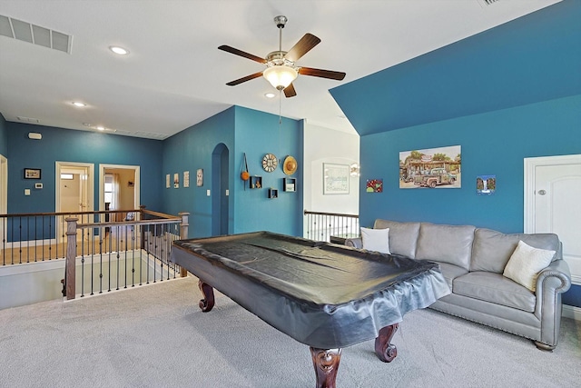 rec room with carpet flooring, ceiling fan, and pool table