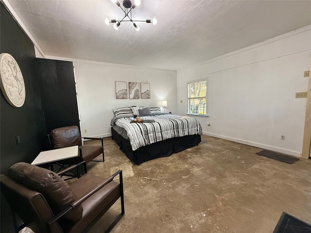 bedroom featuring a textured ceiling, concrete floors, and an inviting chandelier