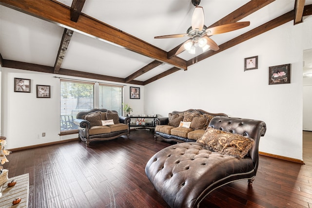 living room with hardwood / wood-style floors, ceiling fan, and lofted ceiling with beams