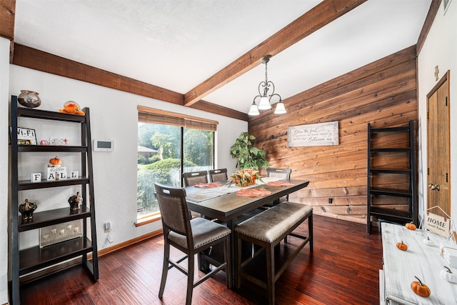 dining space with dark hardwood / wood-style flooring, wood walls, and beamed ceiling