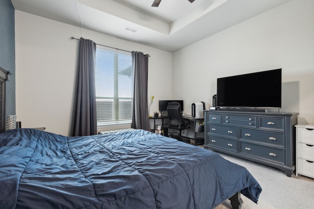 carpeted bedroom with ceiling fan