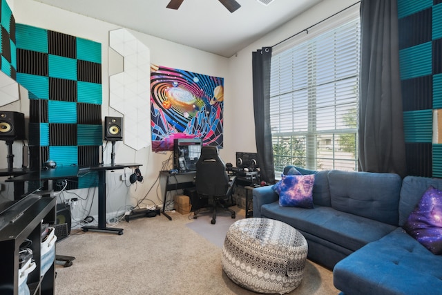 office area featuring ceiling fan and carpet