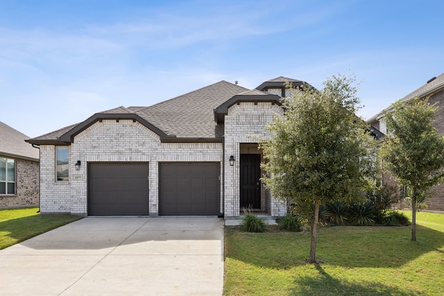 french provincial home featuring a garage and a front lawn