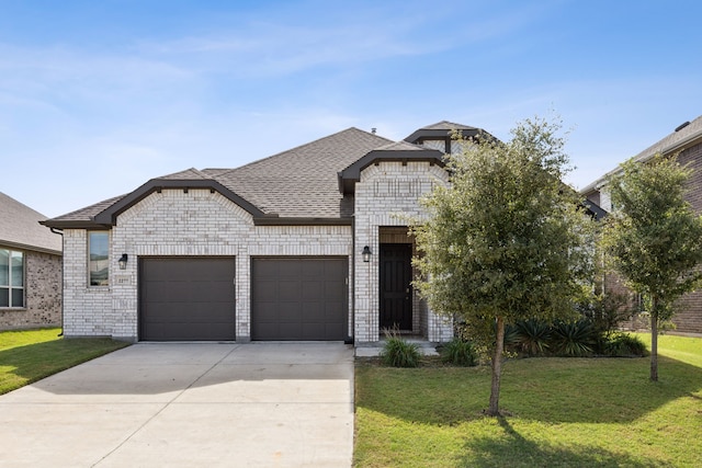 2277 Sheppards Ln, Waxahachie, TX 75167 - french provincial home featuring a garage, driveway, a front lawn, brick siding, and a shingled roof