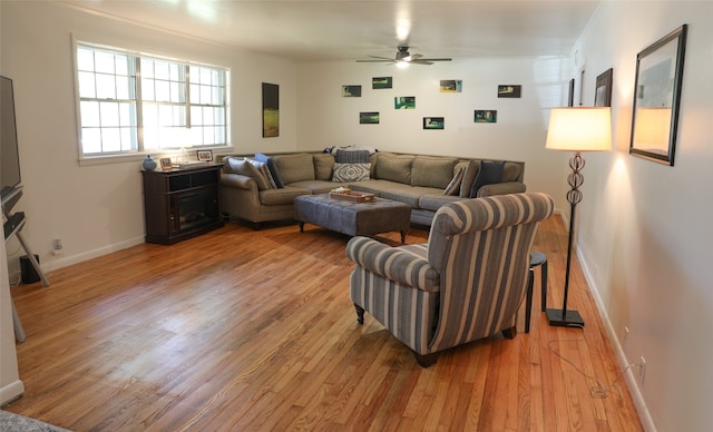 living room with ceiling fan and light hardwood / wood-style flooring