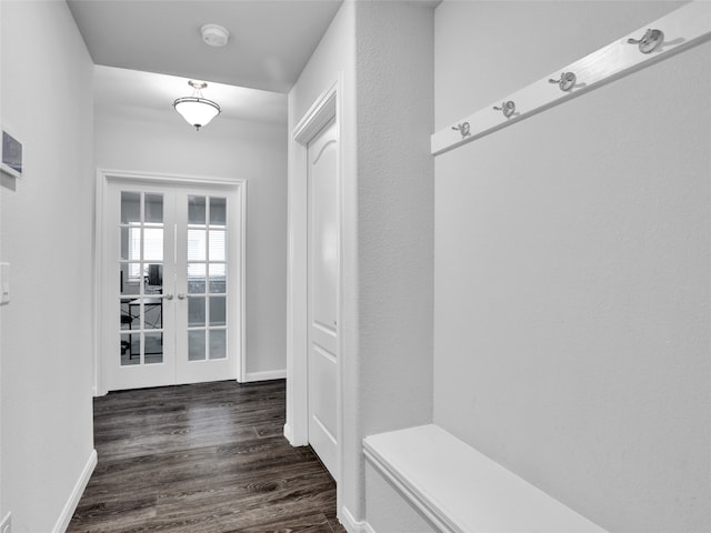 mudroom with french doors and dark hardwood / wood-style floors