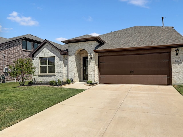 view of front of home with a garage and a front lawn