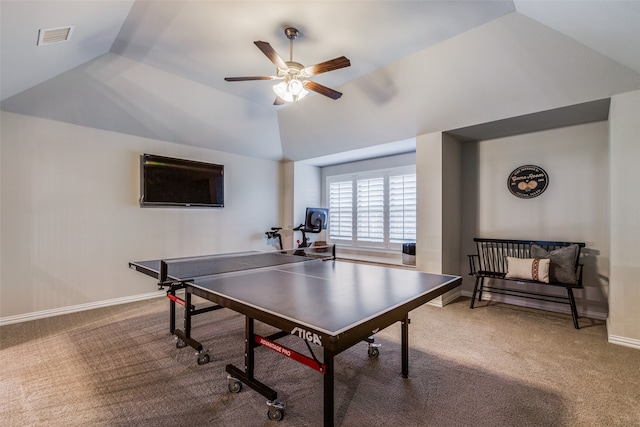 game room featuring carpet floors, ceiling fan, and lofted ceiling