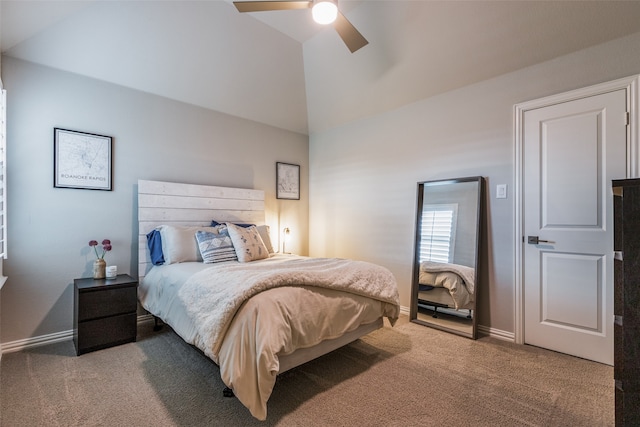 bedroom with carpet, vaulted ceiling, and ceiling fan