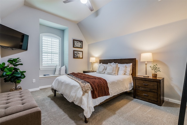 bedroom with carpet, ceiling fan, and lofted ceiling