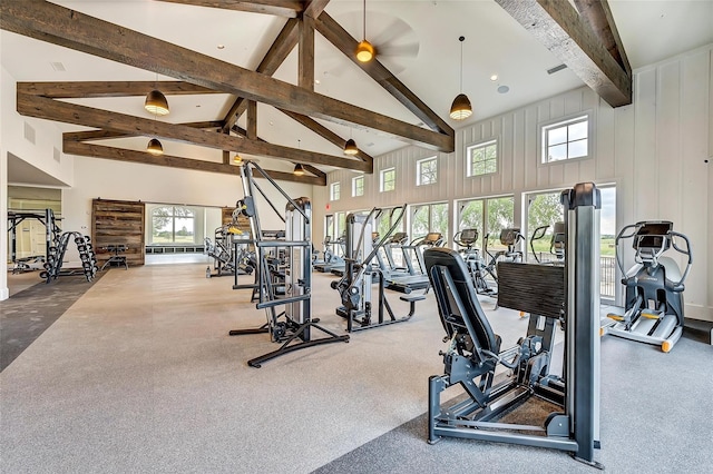 workout area with a healthy amount of sunlight, ceiling fan, high vaulted ceiling, and light colored carpet