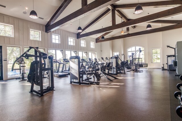 workout area featuring high vaulted ceiling