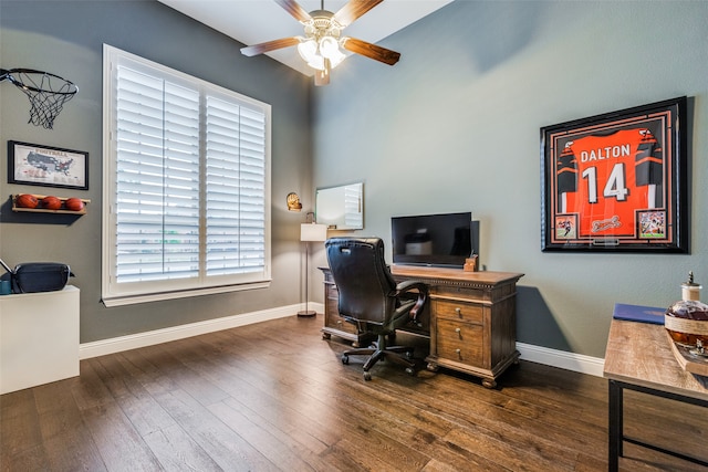 office with dark hardwood / wood-style floors and ceiling fan