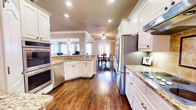 kitchen with white cabinets, light stone counters, appliances with stainless steel finishes, under cabinet range hood, and a sink