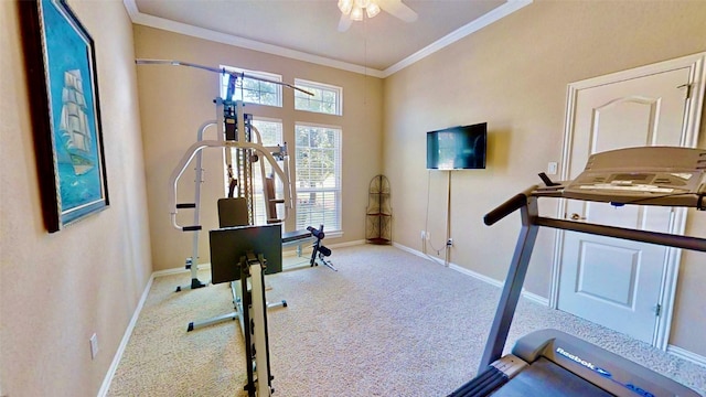 exercise room featuring a ceiling fan, crown molding, baseboards, and carpet flooring