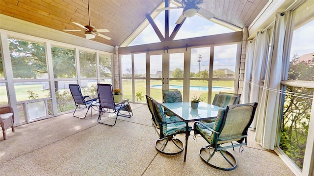 sunroom with wood ceiling, vaulted ceiling, and ceiling fan