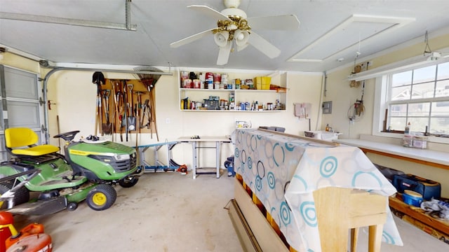 garage featuring a ceiling fan