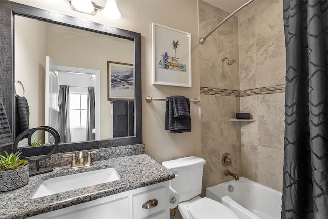 full bathroom with vanity, toilet, and shower / bathtub combination with curtain