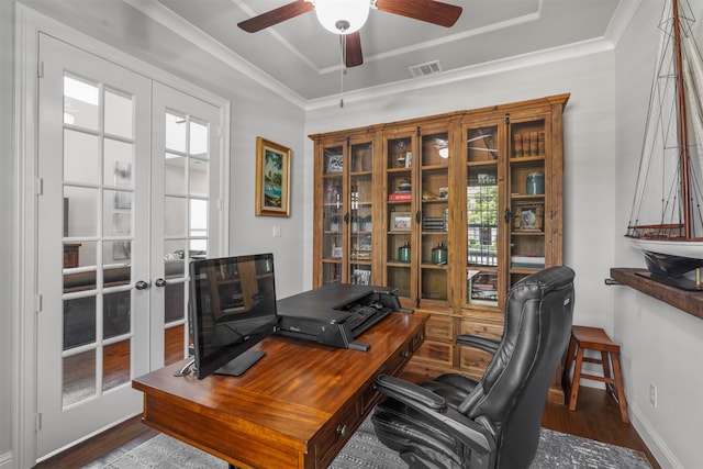 office area featuring french doors, dark wood-type flooring, and crown molding