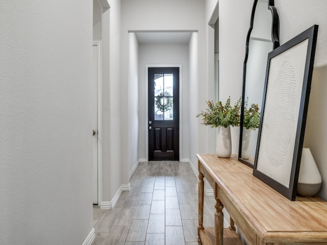 foyer entrance with light hardwood / wood-style flooring