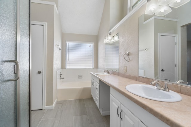 bathroom featuring vanity, a bathtub, and lofted ceiling