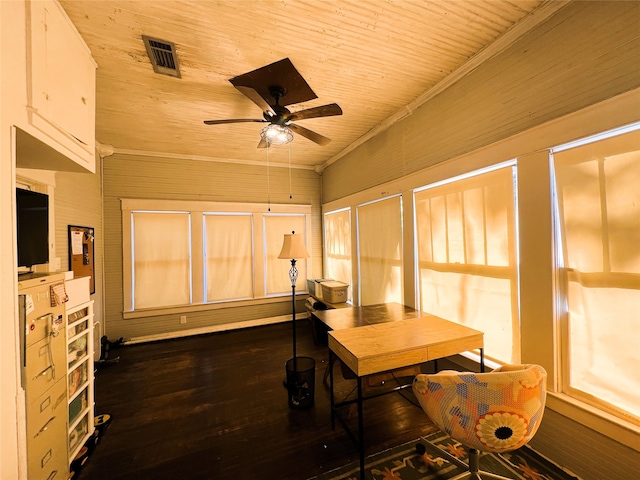 office area with dark hardwood / wood-style flooring, crown molding, ceiling fan, and wooden ceiling