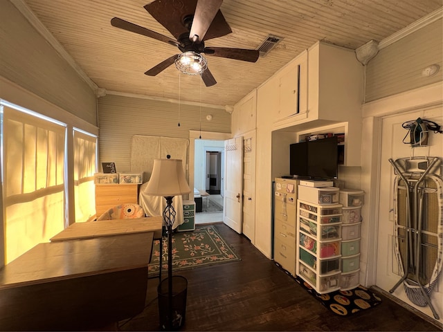 interior space featuring dark hardwood / wood-style floors, ceiling fan, crown molding, and wood ceiling