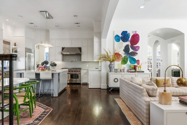 kitchen with premium appliances, hanging light fixtures, a healthy amount of sunlight, and exhaust hood