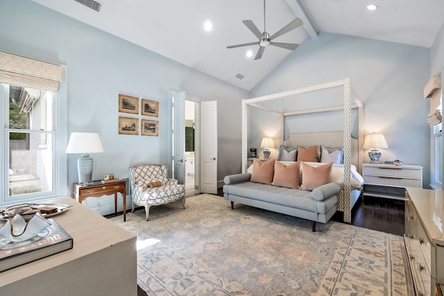 bedroom with ensuite bathroom, ceiling fan, beam ceiling, high vaulted ceiling, and hardwood / wood-style floors