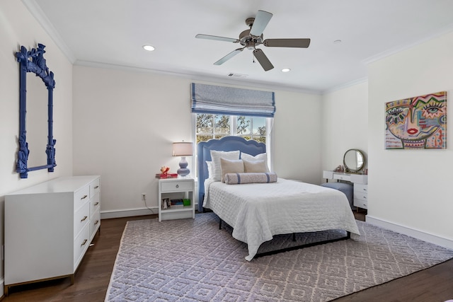 bedroom with dark wood-type flooring, ceiling fan, and crown molding