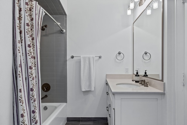 bathroom with vanity and shower / bath combination with curtain