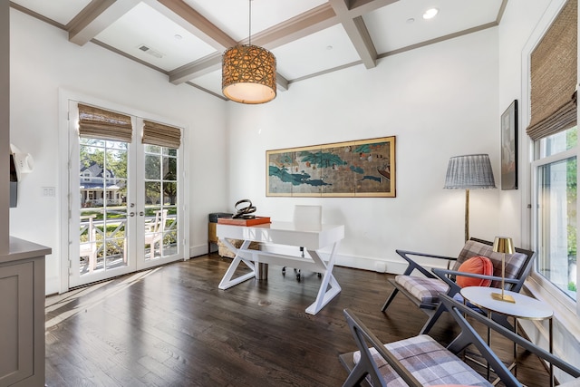 office featuring dark wood-type flooring, a wealth of natural light, and beam ceiling