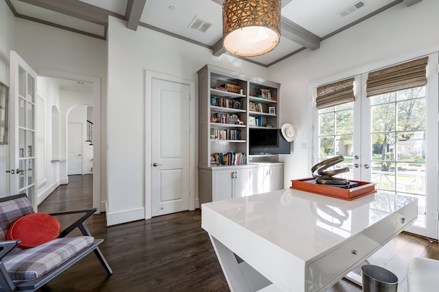 office space with french doors, dark hardwood / wood-style flooring, and beamed ceiling