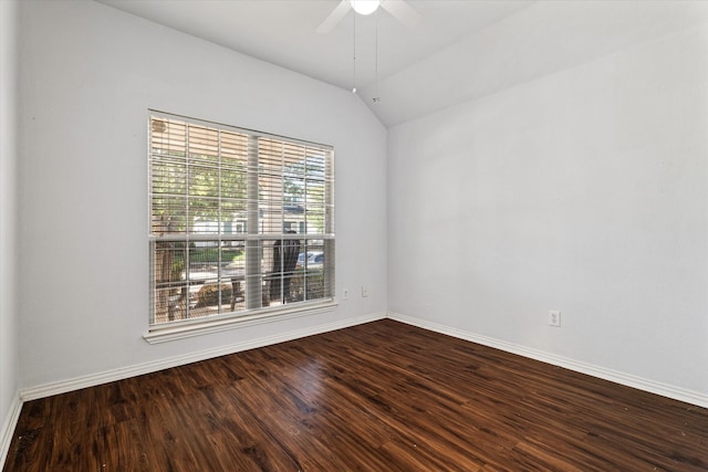 spare room with lofted ceiling, hardwood / wood-style flooring, and ceiling fan