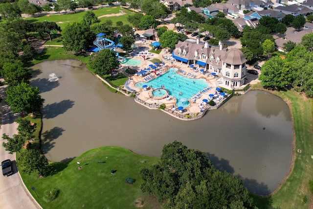 bird's eye view with a water view