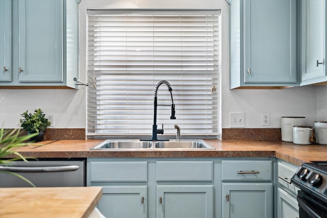 kitchen featuring dishwasher, black / electric stove, and sink