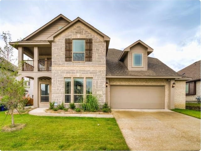 view of front of house featuring a balcony, stone siding, a front yard, concrete driveway, and an attached garage