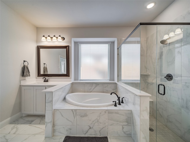 bathroom with a garden tub, marble look tile flooring, vanity, a stall shower, and recessed lighting