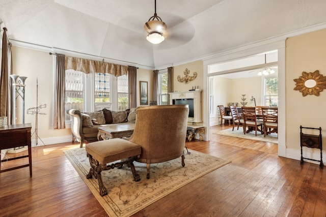 interior space featuring ceiling fan, a healthy amount of sunlight, lofted ceiling, and wood-type flooring