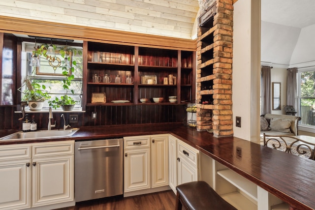 bar with sink, wood ceiling, lofted ceiling, dark wood-type flooring, and dishwasher