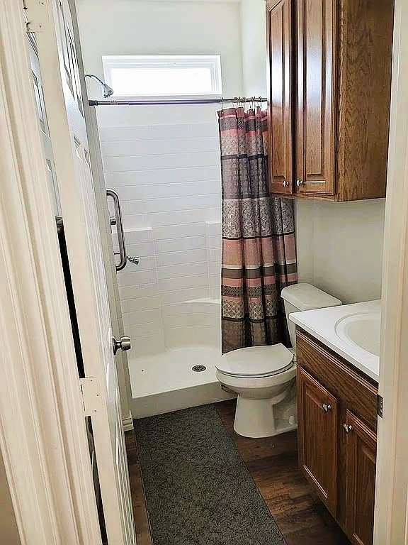 bathroom featuring toilet, a shower with curtain, vanity, and wood-type flooring