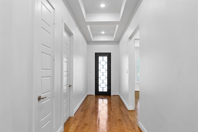 entrance foyer with light hardwood / wood-style flooring and a tray ceiling