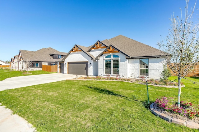 craftsman inspired home featuring a garage and a front yard